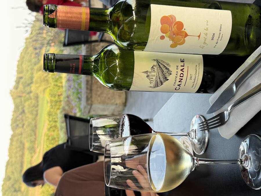 A Château de Candale red and a Le goût de la vie white on a terrace table