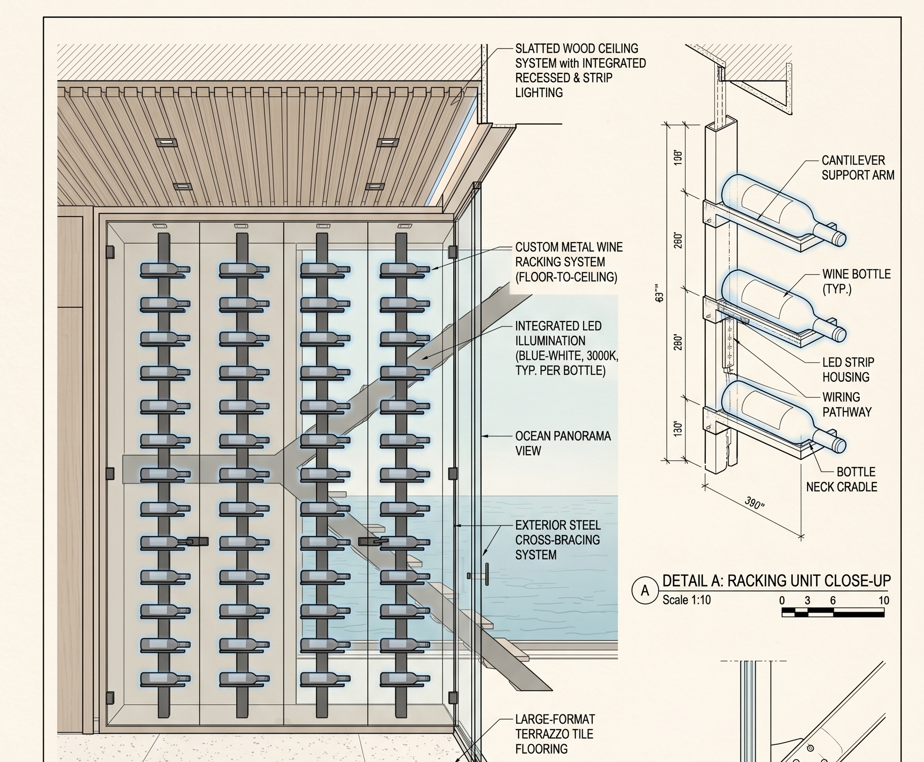 Architectural drawing of a custom floor-to-ceiling wine cellar